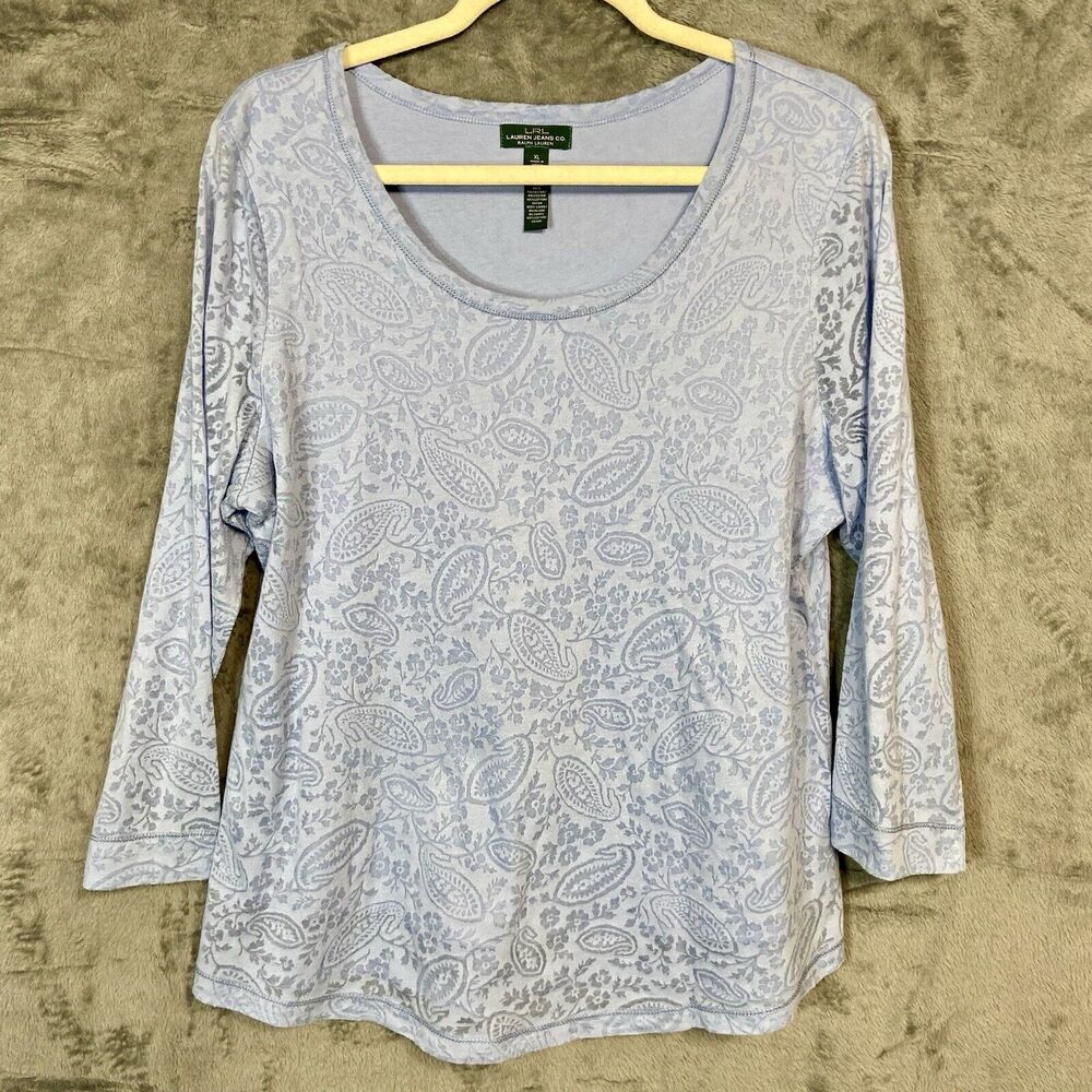Lauren Ralph Lauren Womens Size XL Light Blue Embroidered Paisley Lined Blouse